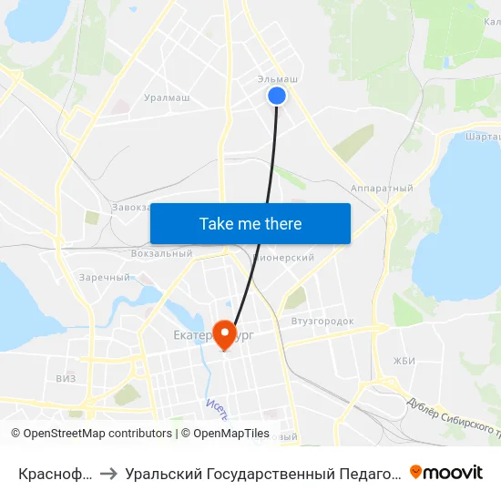 Краснофлотцев to Уральский Государственный Педагогический Университет map