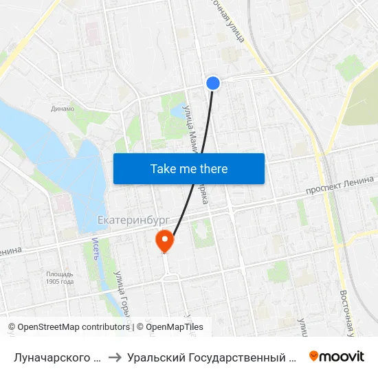 Луначарского (Ул. Шевченко) to Уральский Государственный Педагогический Университет map