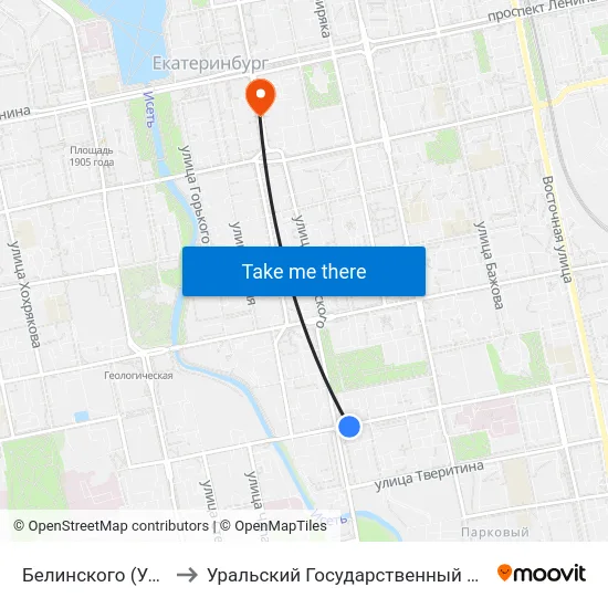 Белинского (Ул. Декабристов) to Уральский Государственный Педагогический Университет map