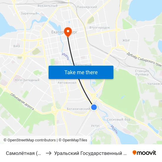 Самолётная (Ул. Щербакова) to Уральский Государственный Педагогический Университет map