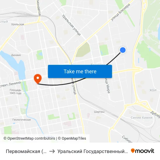 Первомайская (Ул. Студенческая) to Уральский Государственный Педагогический Университет map