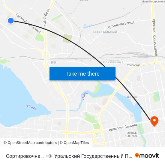 Сортировочная (Ул. Седова) to Уральский Государственный Педагогический Университет map