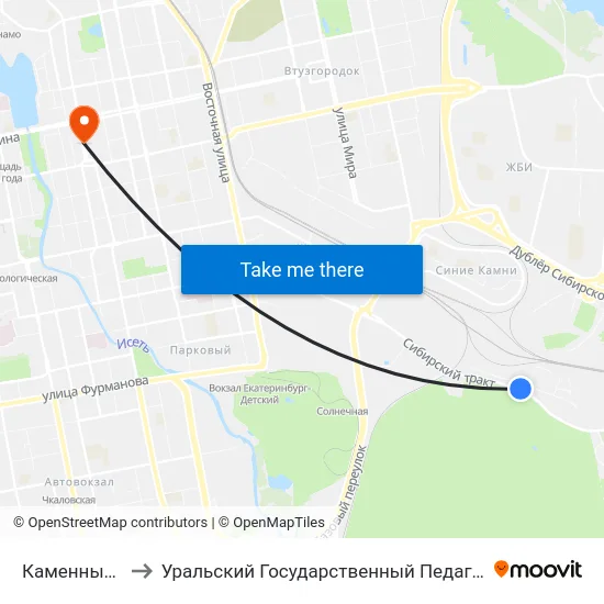 Каменный Карьер to Уральский Государственный Педагогический Университет map
