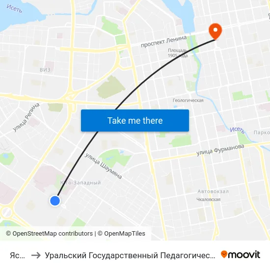 Ясная to Уральский Государственный Педагогический Университет map