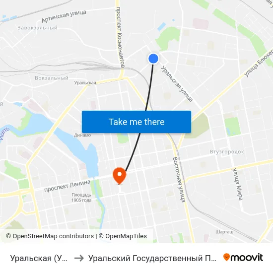 Уральская (Ул. Смазчиков) to Уральский Государственный Педагогический Университет map