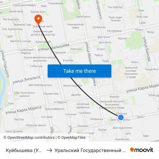 Куйбышева (Ул. Луначарского) to Уральский Государственный Педагогический Университет map