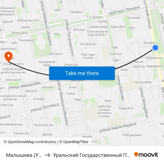 Малышева (Ул. Восточная) to Уральский Государственный Педагогический Университет map