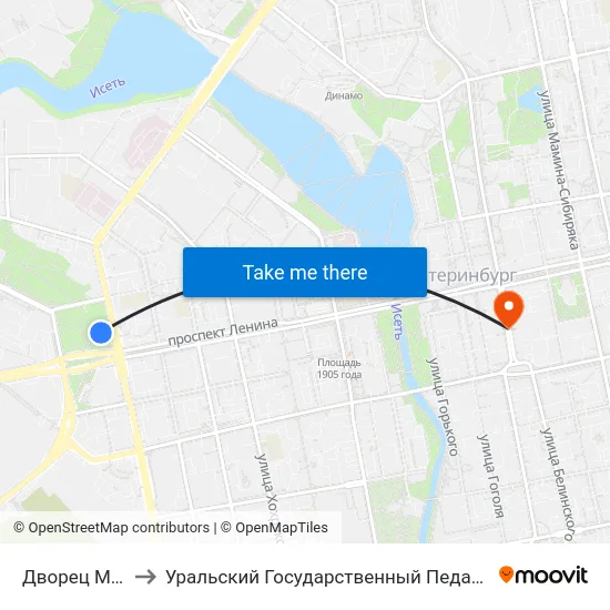 Дворец Молодёжи to Уральский Государственный Педагогический Университет map