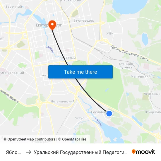 Яблоневая to Уральский Государственный Педагогический Университет map