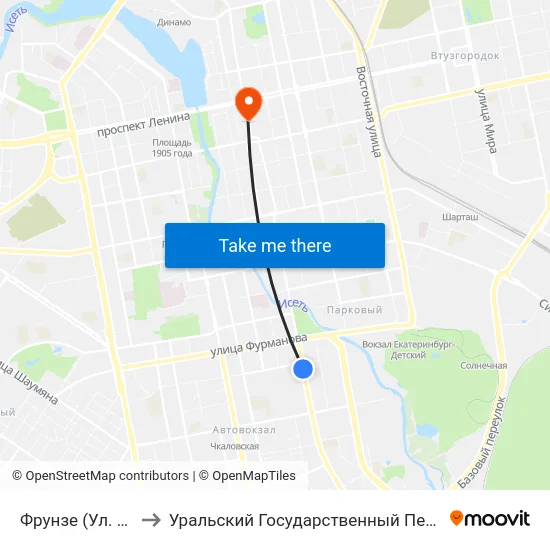 Фрунзе (Ул. Белинского) to Уральский Государственный Педагогический Университет map
