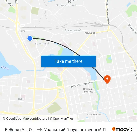 Бебеля (Ул. Опалихинская) to Уральский Государственный Педагогический Университет map
