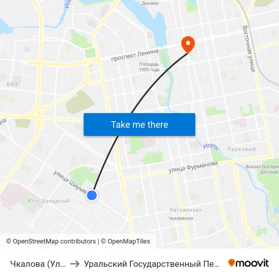 Чкалова (Ул. Шаумяна) to Уральский Государственный Педагогический Университет map