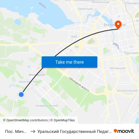 Пос. Мичуринский to Уральский Государственный Педагогический Университет map