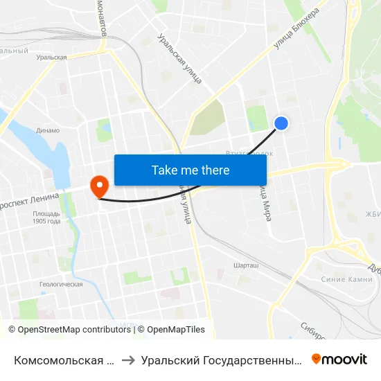 Комсомольская (Ул. Первомайская) to Уральский Государственный Педагогический Университет map