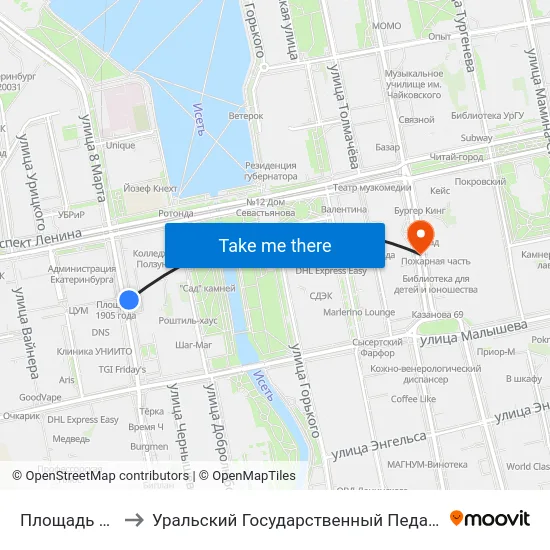 Площадь 1905 Года to Уральский Государственный Педагогический Университет map
