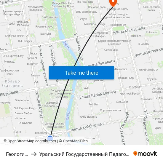 Геологическая to Уральский Государственный Педагогический Университет map