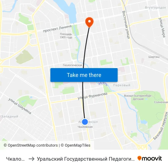 Чкаловская to Уральский Государственный Педагогический Университет map