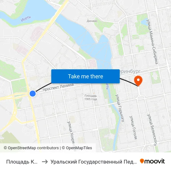 Площадь Коммунаров to Уральский Государственный Педагогический Университет map