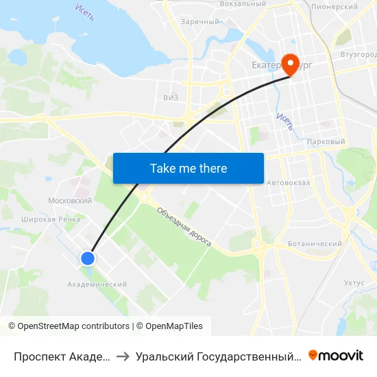 Проспект Академика Сахарова 70 to Уральский Государственный Педагогический Университет map