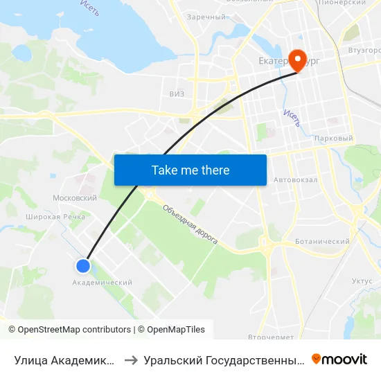 Улица Академика Парина 38 Корпус 8 to Уральский Государственный Педагогический Университет map