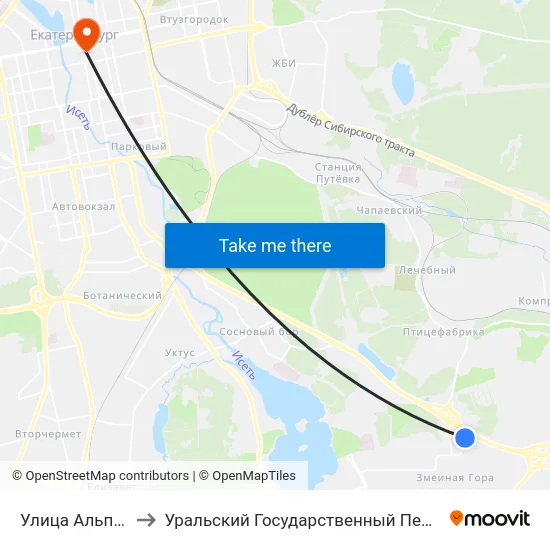Улица Альпинистов, 85 to Уральский Государственный Педагогический Университет map