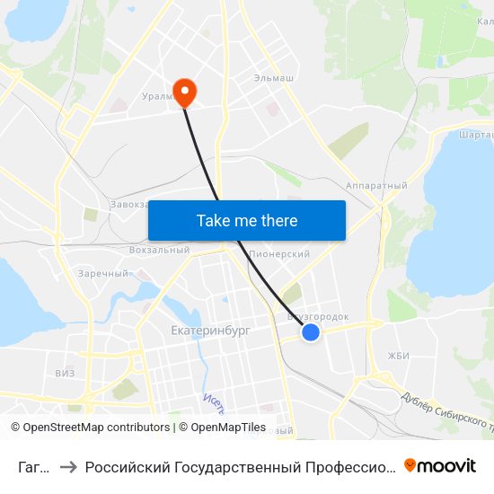 Гагарина to Российский Государственный Профессионально-Педагогический Университет map