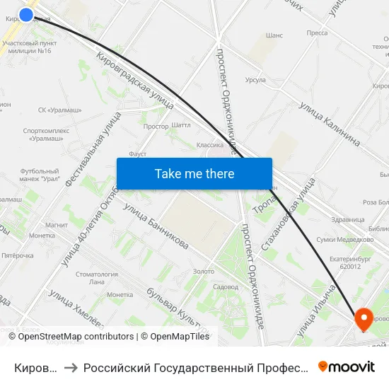 Кировградская to Российский Государственный Профессионально-Педагогический Университет map