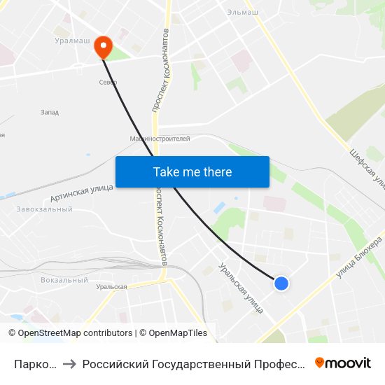 Парковый Пер. to Российский Государственный Профессионально-Педагогический Университет map