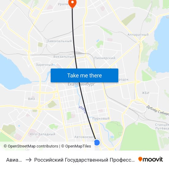 Авиационная to Российский Государственный Профессионально-Педагогический Университет map
