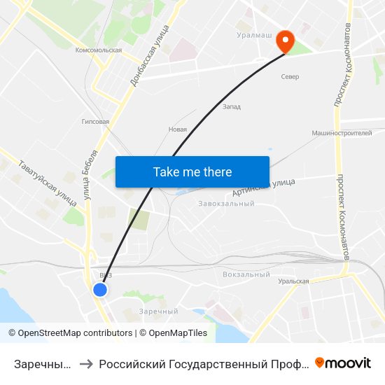 Заречный (Ул. Бебеля) to Российский Государственный Профессионально-Педагогический Университет map