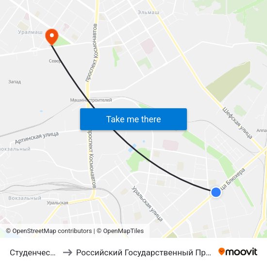 Студенческая (Ул. Блюхера) to Российский Государственный Профессионально-Педагогический Университет map