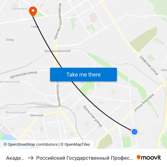 Академическая to Российский Государственный Профессионально-Педагогический Университет map