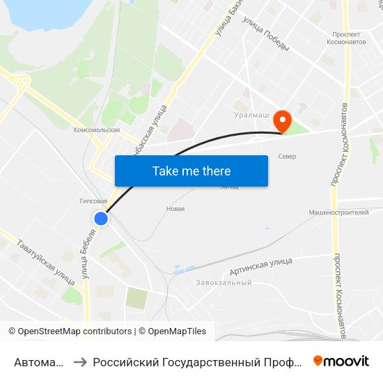 Автомагистральная to Российский Государственный Профессионально-Педагогический Университет map