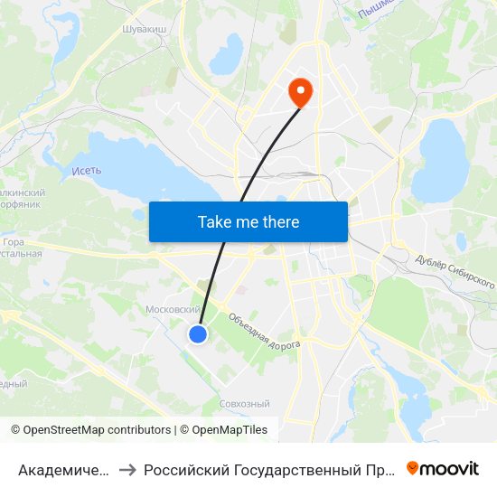 Академический Микрорайон to Российский Государственный Профессионально-Педагогический Университет map