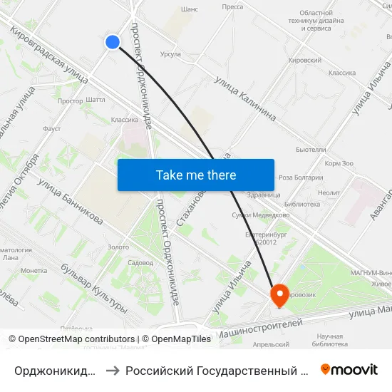 Орджоникидзе (Ул. 40 Лет Октября) to Российский Государственный Профессионально-Педагогический Университет map