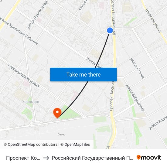 Проспект Космонавтов (Автобус) to Российский Государственный Профессионально-Педагогический Университет map