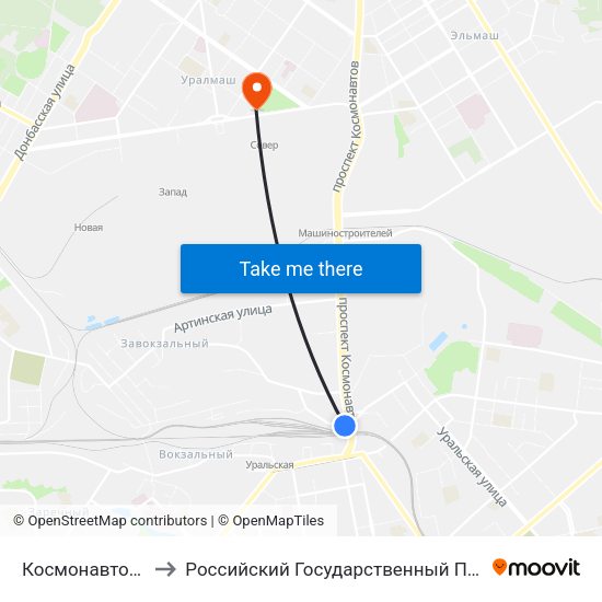 Космонавтов (Ул. Завокзальная) to Российский Государственный Профессионально-Педагогический Университет map