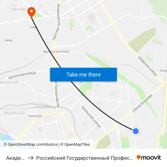 Академическая to Российский Государственный Профессионально-Педагогический Университет map