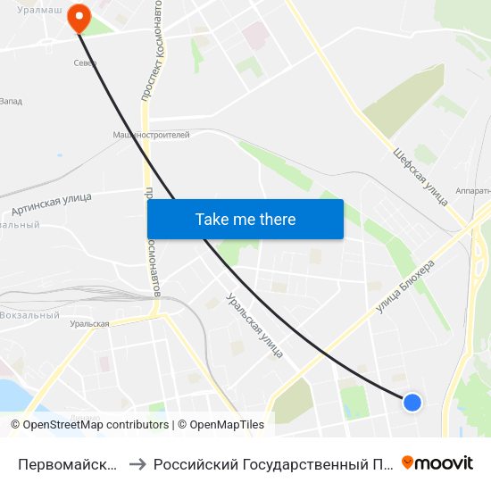 Первомайская (Ул. Студенческая) to Российский Государственный Профессионально-Педагогический Университет map