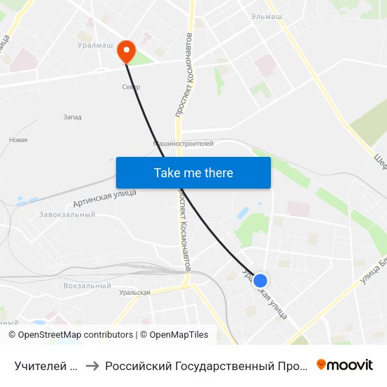 Учителей (Ул. Уральская) to Российский Государственный Профессионально-Педагогический Университет map