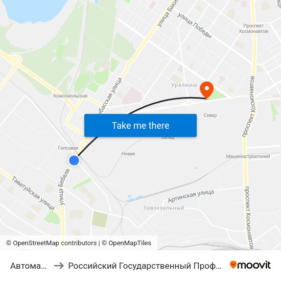 Автомагистральная to Российский Государственный Профессионально-Педагогический Университет map