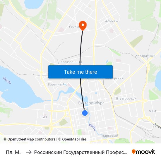 Пл. Малышева to Российский Государственный Профессионально-Педагогический Университет map