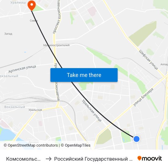 Комсомольская (Ул. Первомайская) to Российский Государственный Профессионально-Педагогический Университет map