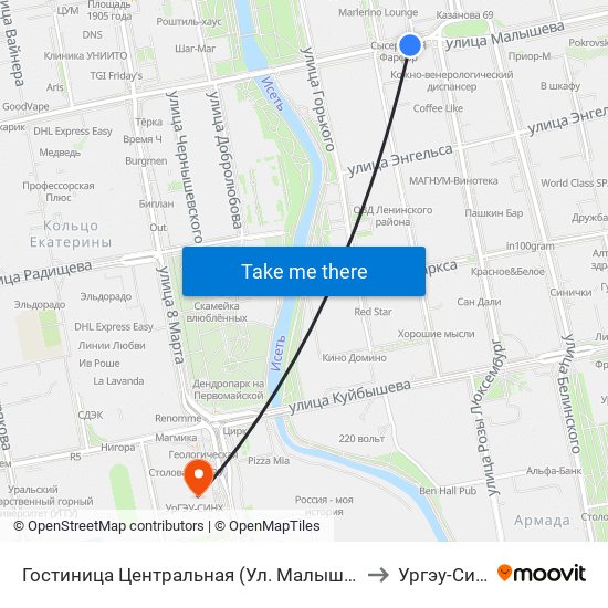 Гостиница Центральная (Ул. Малышева) to Ургэу-Синх map