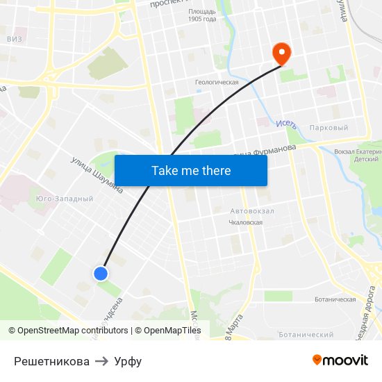 Решетникова to Урфу map