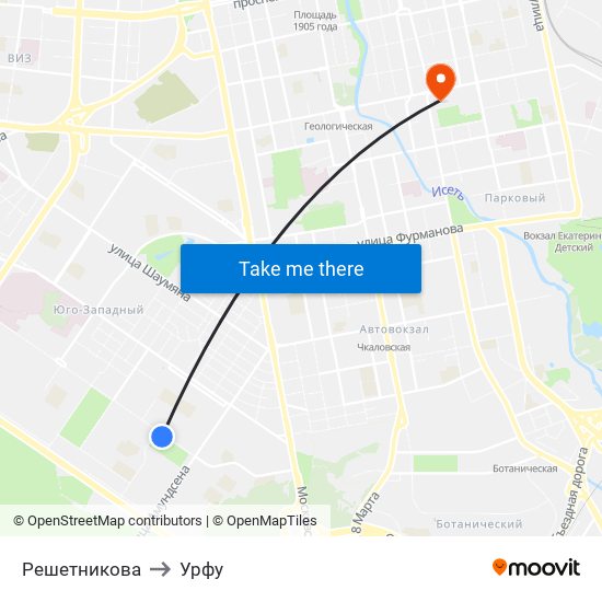 Решетникова to Урфу map