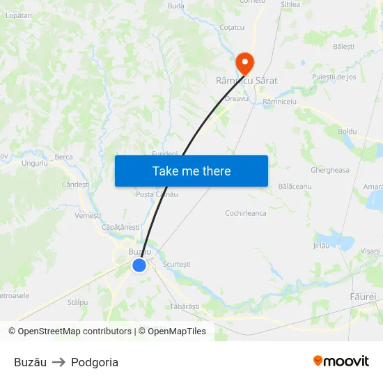 Buzău to Podgoria map