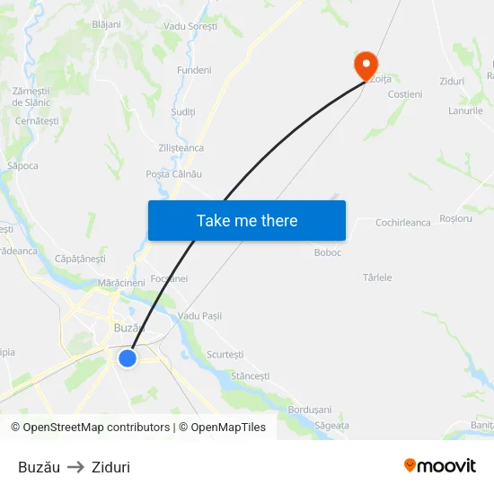 Buzău to Ziduri map