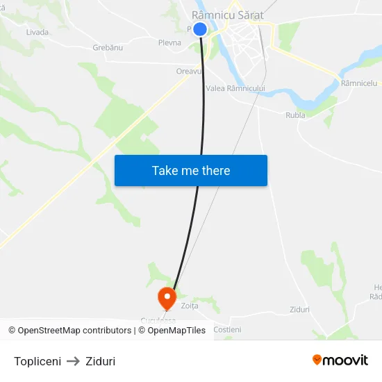 Topliceni to Ziduri map