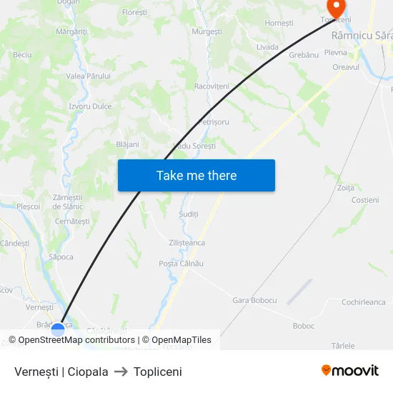 Vernești | Ciopala to Topliceni map